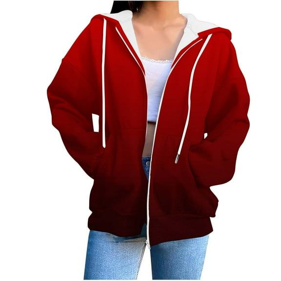 Full-zip Hoodie jackets for Women with Pocket Long Sleeve Cotton Fleece Mid Weight Zipper Hooded Sweatshirt Coat (L, Wine|Gradient)