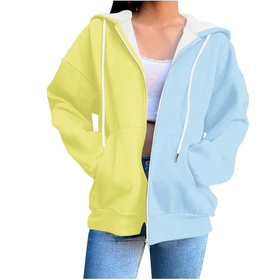 Full-zip Hoodie jackets for Women with Pocket Long Sleeve Cotton Fleece Mid Weight Zipper Hooded Sweatshirt Coat (XL, Yellow|Colorblock)