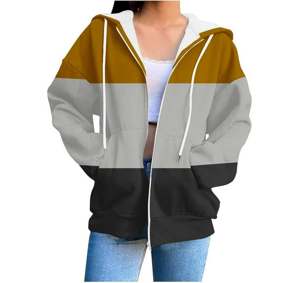 Full-zip Hoodie jackets for Women with Pocket Long Sleeve Cotton Fleece Mid Weight Zipper Hooded Sweatshirt Coat (XL, Yellow)