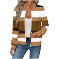 thumbnail image 1 of Full-zip Jacket for Women without Hood Trendy Waffle Knit Graphic Printed Casual Bomber Coat Long Sleeve Outerwear (L, Brown|Striped), 1 of 5