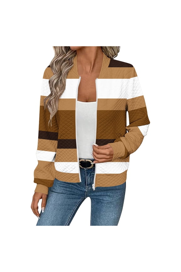Full-zip Jacket for Women without Hood Trendy Waffle Knit Graphic Printed Casual Bomber Coat Long Sleeve Outerwear (M, Brown|Striped)