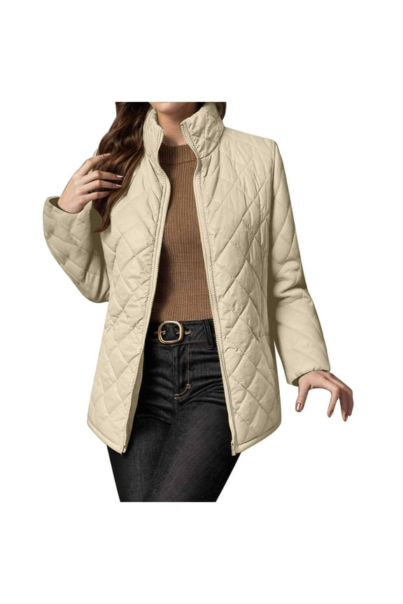 Full-zip Quilted Jackets for without Hood Long Sleeve Lapel Stand Collar Cotton Padded Pockets Winter Warm Coat (XL, Khaki)