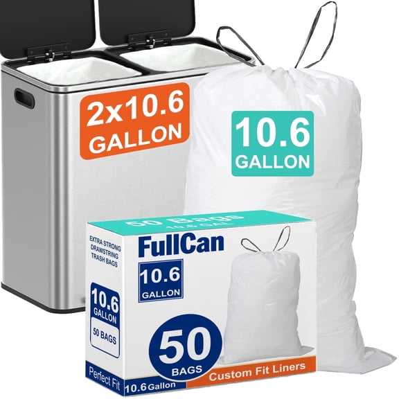 FullCan 10.6 Gallon 50 Count Trash bags for Dual Compartment Trash Can (2 x 10.6 Gallon) Drawstring Kitchen Garbage Bags, Pre-Separated Heavy Duty