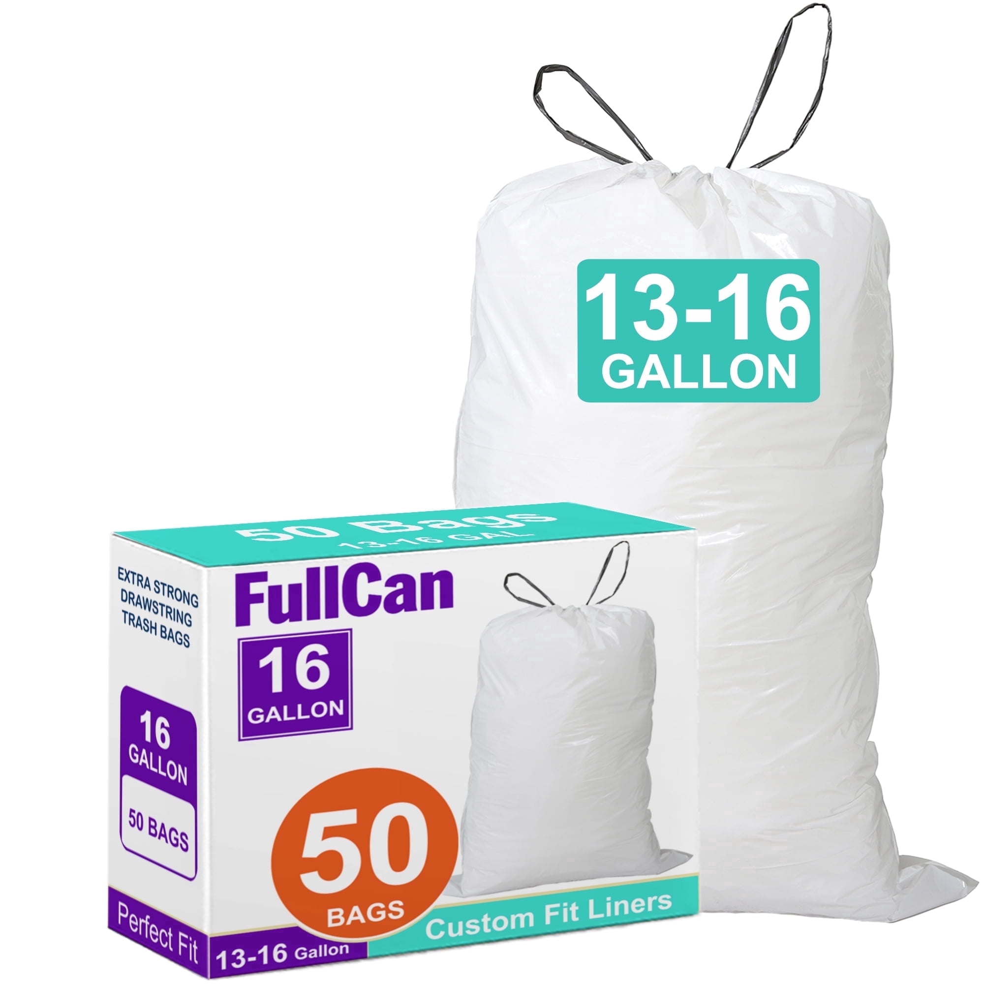 FullCan 16 Gallon Drawstring Trash Bags 1.2 Mil Heavy Duty 50 Count ...