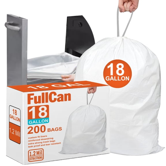 FullCan 18 Gallon 200 Count Heavy Duty Compactor Trash Bags Reinforced Drawstring Garbage Liners 1.2 Mil Thickness Fit 18 Gallon Compatible with Kitchenaid, Whirpool, GE 15 Inch Compactors