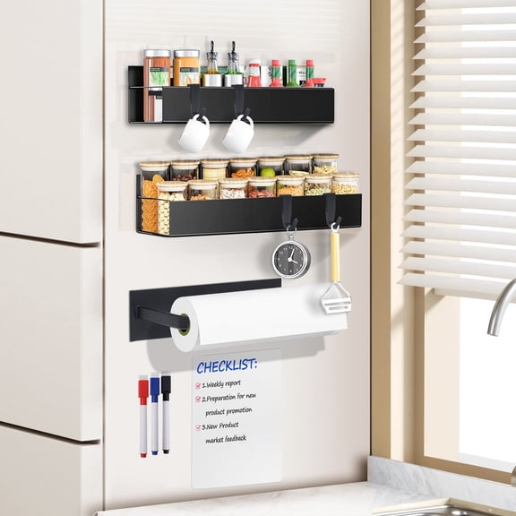 FullPetMoon Magnetic Spice Rack for Refrigerator,4 Pack Metal Magnetic Shelf Black with Paper Towel Holder,Whiteboard,3 Markers,4 Hooks,Heavy Duty Storage for Spices,Hollowed-out