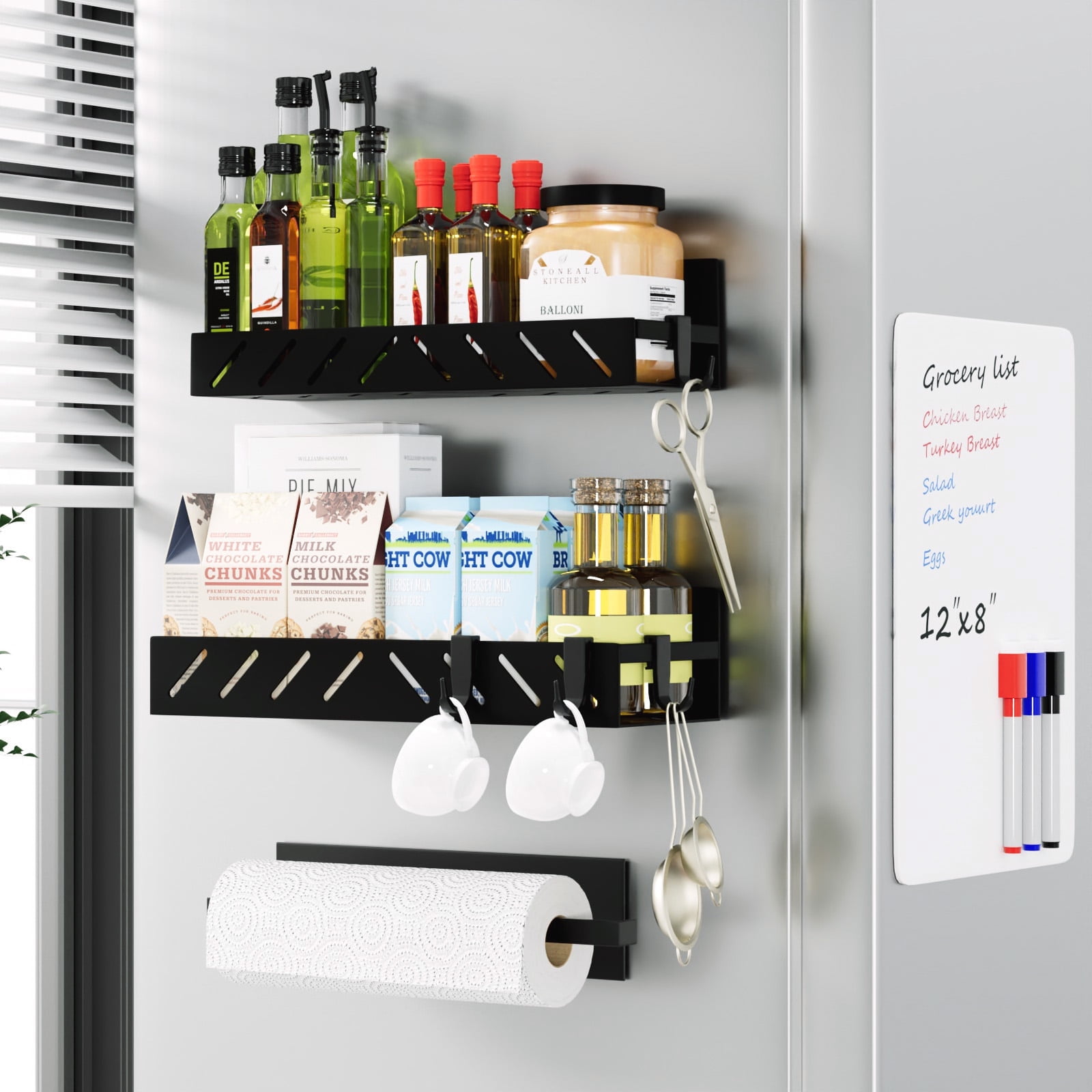 FullPetMoon Magnetic Spice Rack for Refrigerator,4 Pack Metal Magnetic Shelf Black with Paper Towel Holder,Whiteboard,3 Markers,4 Hooks,Heavy Duty Storage for Spices,Hollowed-out