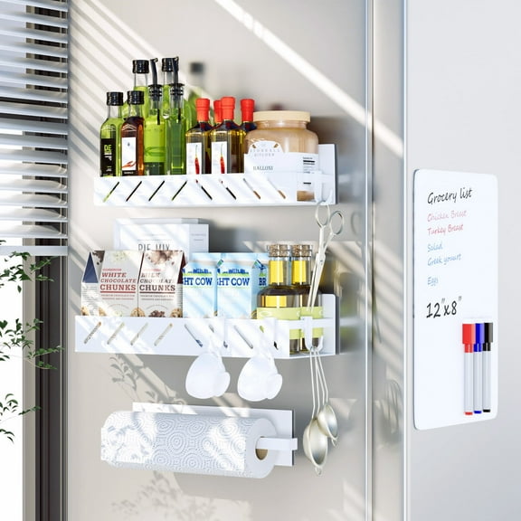 FullPetMoon Magnetic Spice Rack for Refrigerator,4 Pack Metal Magnetic Shelf White with Paper Towel Holder,Whiteboard,3 Markers,4 Hooks,Heavy Duty Storage for Spices,Hollowed-out