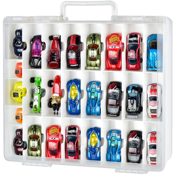 Fullcase Toys Car Organizer Storage Container, Double Sided Carrying Box Holds 48 Compartments (Box Only) - White