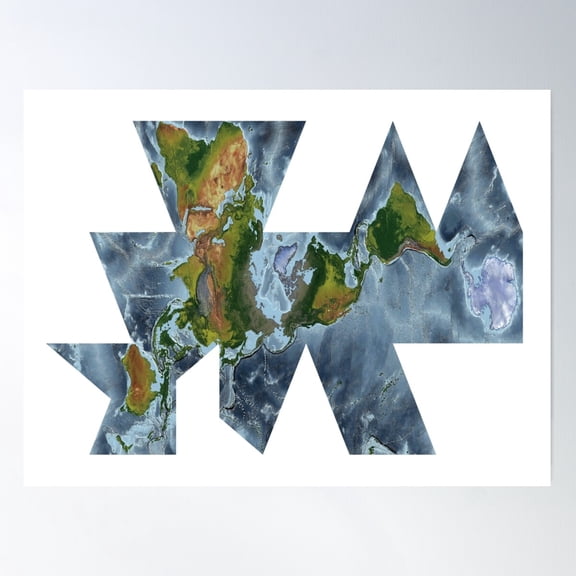 Fuller Projection - World Map Showing Land And Oceans Poster Wall Art, Modern Wall Decor For Living Room Bedroom, 8x12 UNFRAMED