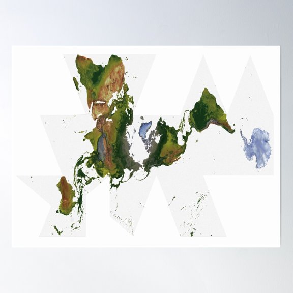 Fuller Projection - World Map Showing Land Relief Poster Wall Art, Modern Wall Decor For Living Room Bedroom, 12x18 UNFRAMED