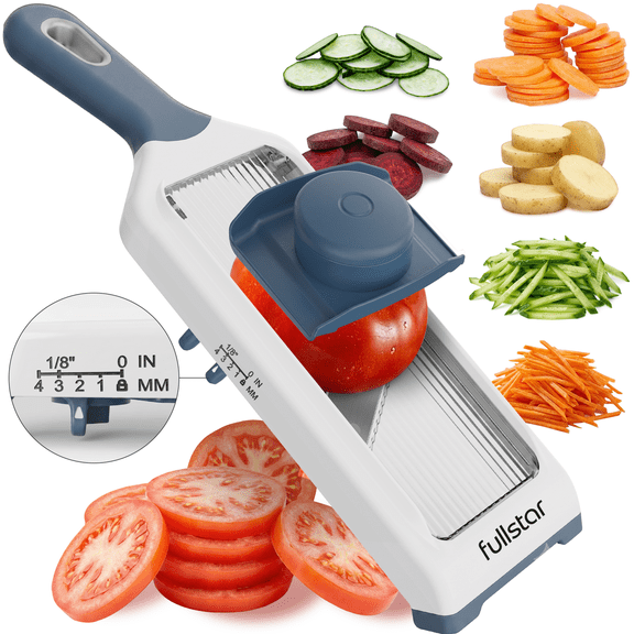 Fullstar 2-in-1 Handheld Mandoline Slicer for Kitchen - 4 Thickness Settings Vegetable Food Onion Slicer, Stainless Steel Guard, Easy to Use, Sharp Blades, Veggie Slicer & Fruit Cutter (Blue)