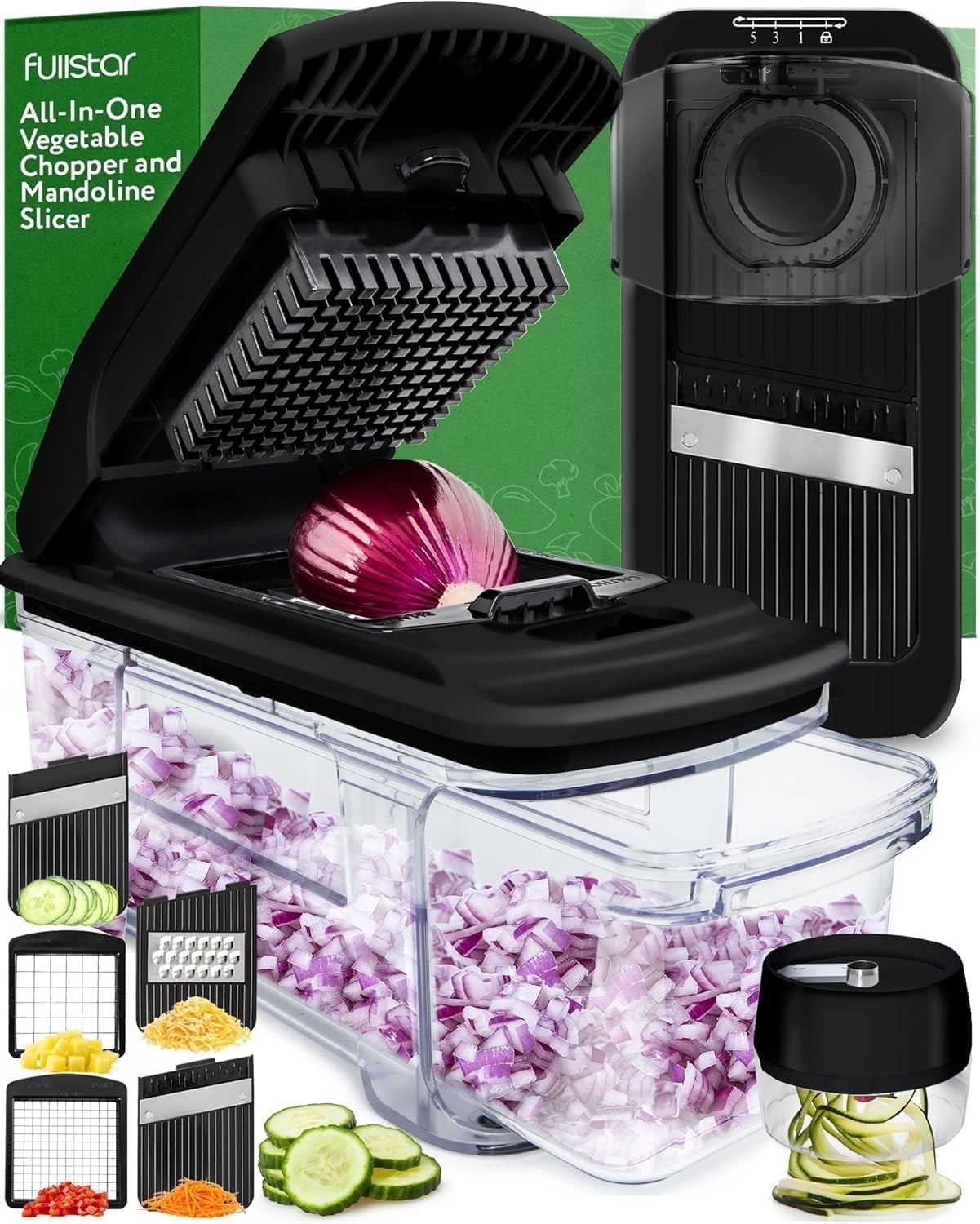 Fullstar - All-in-1 Vegetable Chopper, Mandoline Slicer & Cheese Grater - Multi Blade French Fry Cutter & Veggie Dicer with Handheld Spiralizer & More - Black