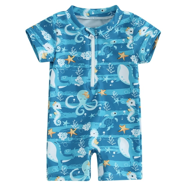 Fullvigor Baby Boy One Piece Rash Guard Swimsuit Zip Swimwear UPF 50 Beachwear Sunsuit, Blue, 0