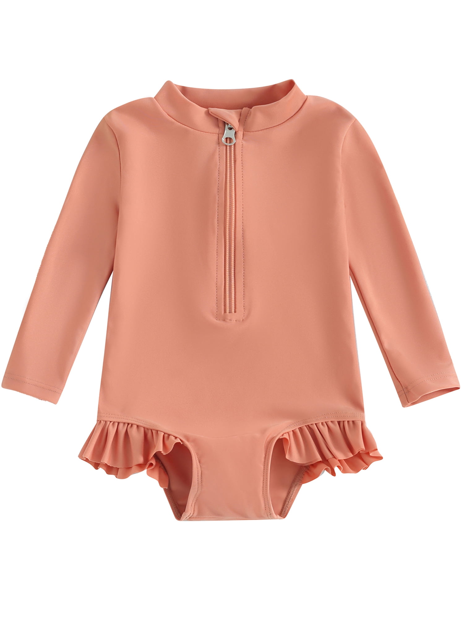 Fullvigor Baby Girl Rash Guard Swimsuit Solid Color Long Sleeve Ruffles