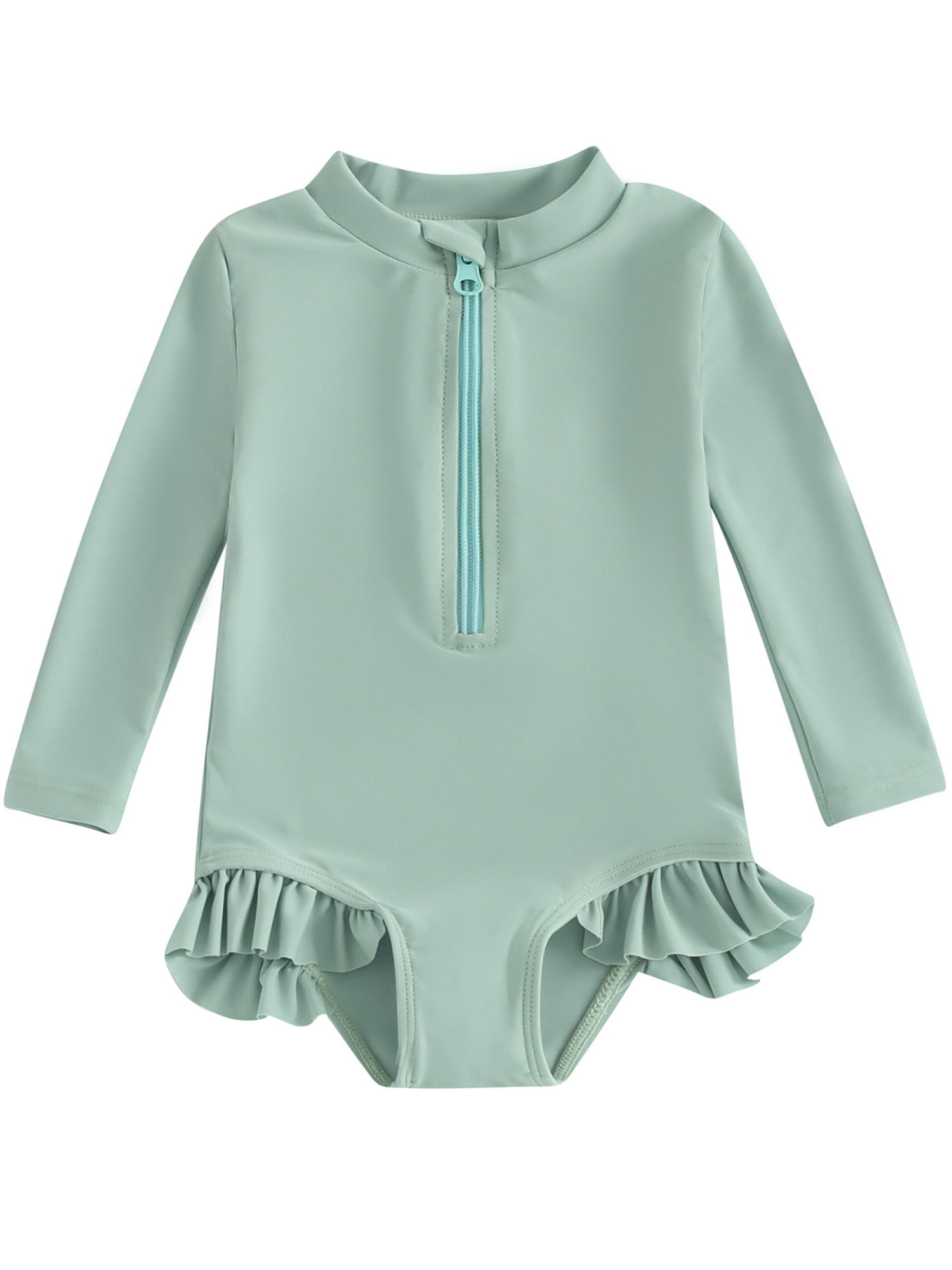 Fullvigor Baby Girl Rash Guard Swimsuit Solid Color Long Sleeve Ruffles