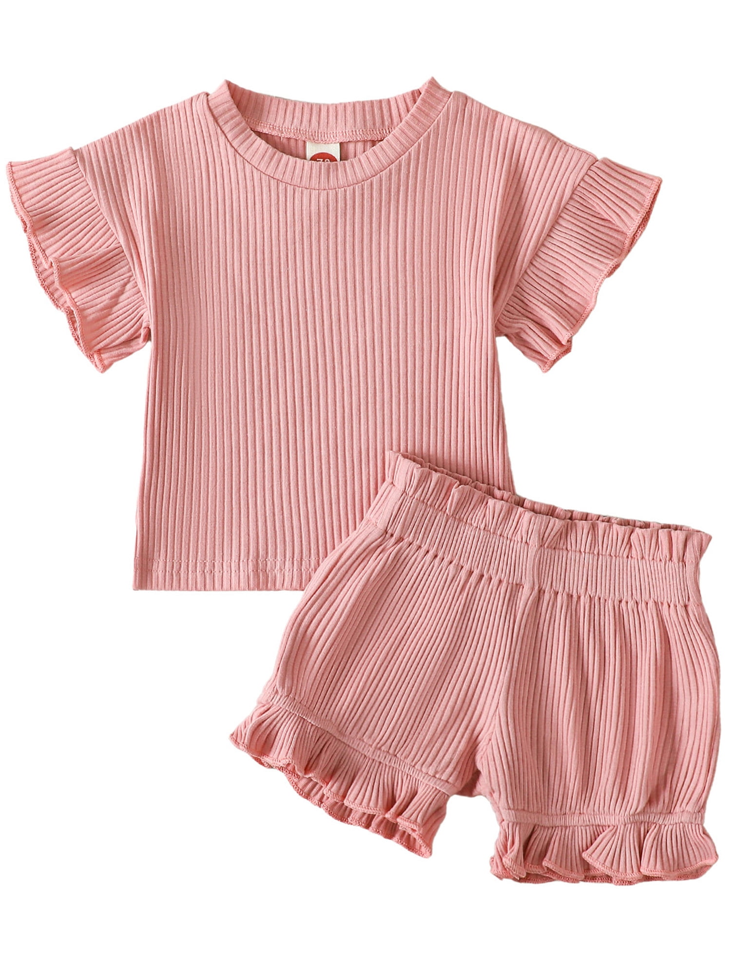 Toddler Baby Girls Summer Outfits Solid Ribbed Lapel V-Neck