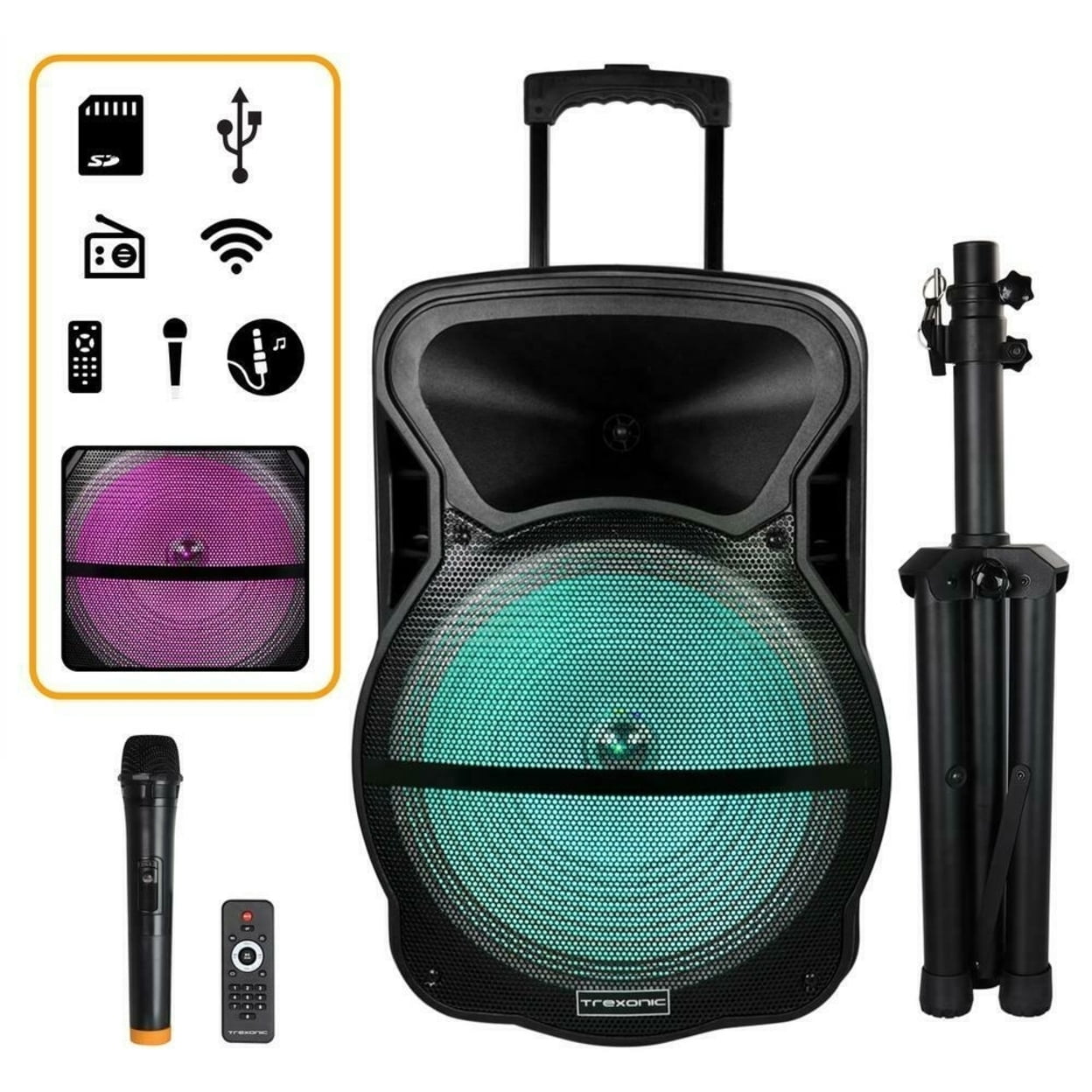 Fully Amplified Portable 2200 Watts Peak Power 15 Speaker WITH LED LIGHT MICROPHONE and STAND INCLUDED