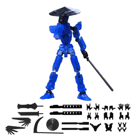 Fully Articulated 3D Printed Robot Action Figure with 10 Interchangeable Weapons and 6 Sets of Hands for Creative Desktop Display and Stress Relief, Blue