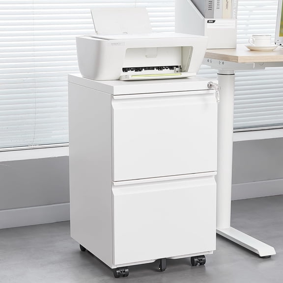 Fully Assembled 2-Drawer Lockable Metal File Cabinet on Wheels, Mobile Under Desk Storage with Printer Stand for Home Office (White)