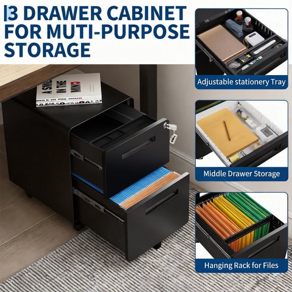 Fully Assembled 2-Drawer Mobile File Cabinet with Lock, Rolling Metal Filing Cabinet Under Desk - Anti-Tip Pedestal - Fits Letter/Legal/A4 - Home Office Storage - Matte Black