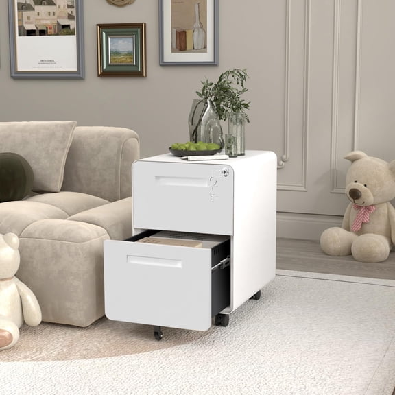 Fully Assembled 2-Drawer Mobile File Cabinet with Lock, Rolling Metal Filing Cabinet Under Desk - Anti-Tip Pedestal - Fits Letter/Legal/A4 - Home Office Storage - White