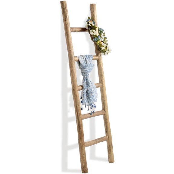 Fully Assembled 57in Wood Blanket Ladder Living Room Decorative Wall Leaning Farmhouse Quilt Display Holder Rustic Wooden Towel Rack for Bathroom, Brown