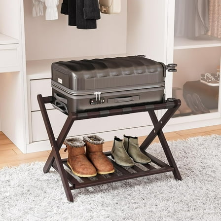 Fully Assembled Bamboo Luggage Rack, Folding Suitcase Stand with 5 Nylon Straps, Luggage Holders with Shelf, Ideal for Guest Room, Bedroom, Hotel, Espresso