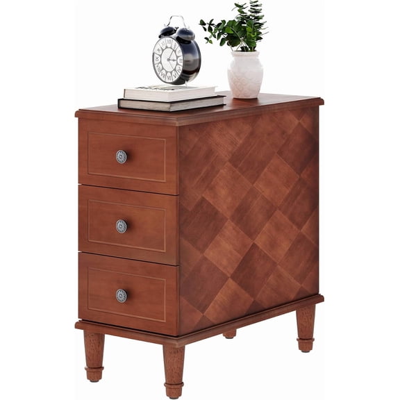 Fully Assembled End Table, Narrow Side Table with 3 Drawers, Pre-Assembled Nightstand Slim Bedside Table for Small Spaces, Living Room, Bedroom, Brown