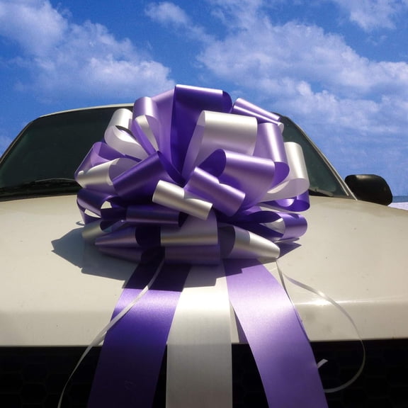 Fully Assembled Large Car Bow, 16" Wide - Purple, Lavender & White, Front Door Decoration, Spring, Christmas, Gift Bow, Wedding, Reception, Anniversary, Birthday, Easter