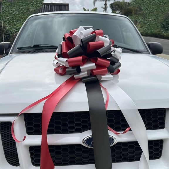 Fully Assembled Large Car Bow, 16" Wide - Red, Black and White, Front Door Decor, Christmas, Gift Bow, Birthday, Presents, Valentine's Day