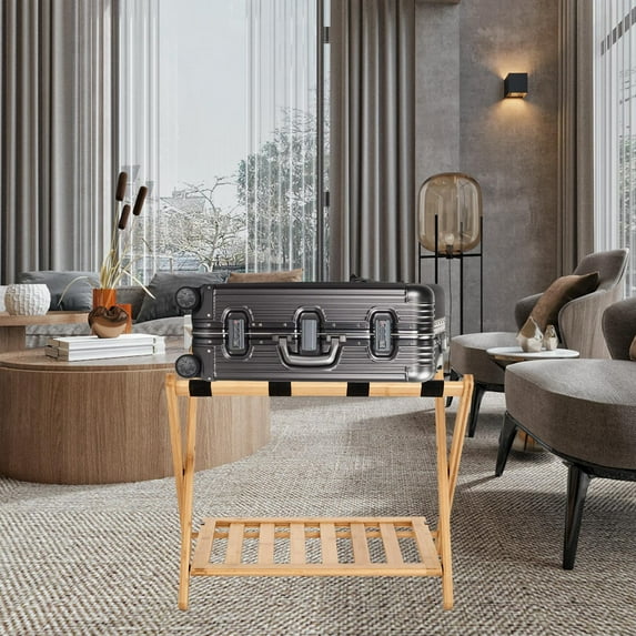 Fully Assembled Luggage Rack,1-Packed,Bamboo Luggage Rack Foldable Suitcase Stand with Storage Shelf for Guest Room Hotel Bedroom