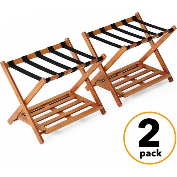 Fully Assembled Luggage Rack 2 Pack, Bamboo Foldable Suitcase Stand for Guest Room, Heavy Duty Folding Luggage Holder with Storage Shelf for Bedroom and Hotel, Walnut