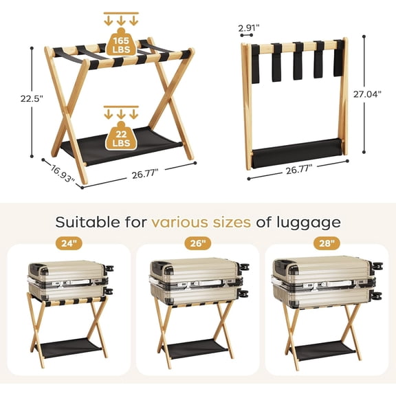 Fully Assembled Luggage Rack, 26.77" Natural Luggage Rack for Guest Room, Bamboo Folding Suitcase Stand with Fabric Storage Shelf, Heavy Duty 5 Nylon Straps Luggage Holder for Hotel, 1 Pack