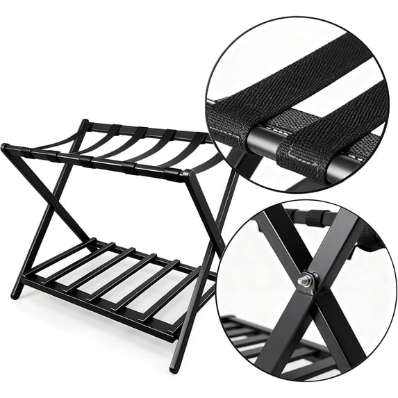 Fully Assembled Luggage Rack for Guest Room, Upgraded Metal Foldable Suitcase Stand with Nylon Straps and Shoe Shelf