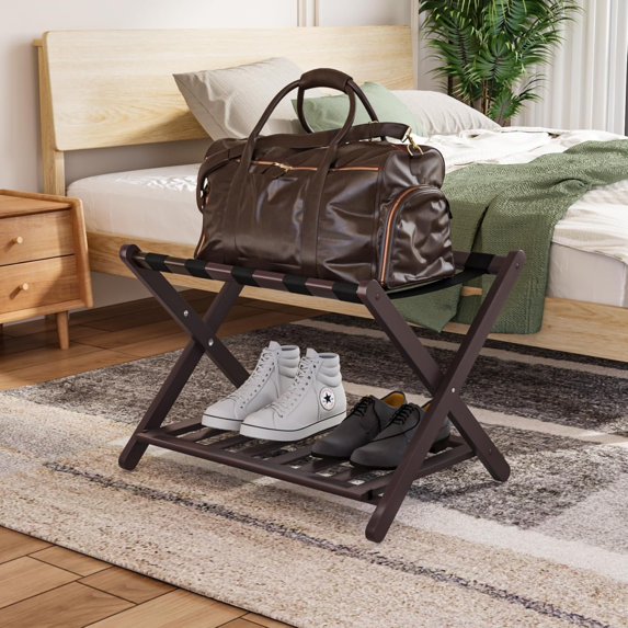Fully Assembled Luggage Racks Pack of Upgraded Bamboo Foldable Suitcase Stand with Nylon Straps Luggage Holder with Shelf for Guest Room Bedroom Hotel