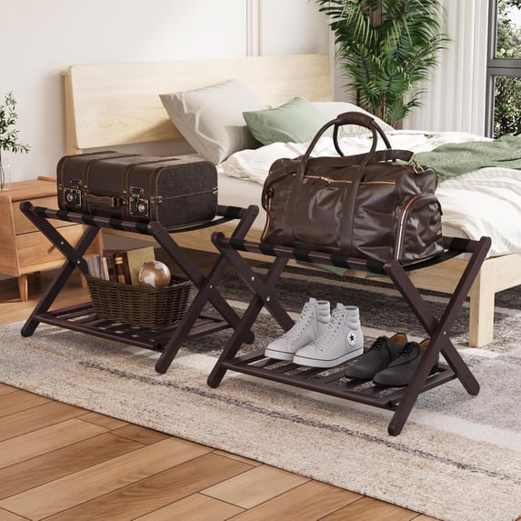 Fully Assembled Luggage Racks Pack of Upgraded Bamboo Foldable Suitcase Stand with Nylon Straps Luggage Holder with Shelf for Guest Room Bedroom Hotel