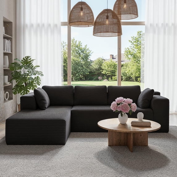 L-Shaped Modular Boneless Sofa, Asofer Modern Corduroy Sectional Couch with Chaise,Sleeper Sofa for Living room,Black