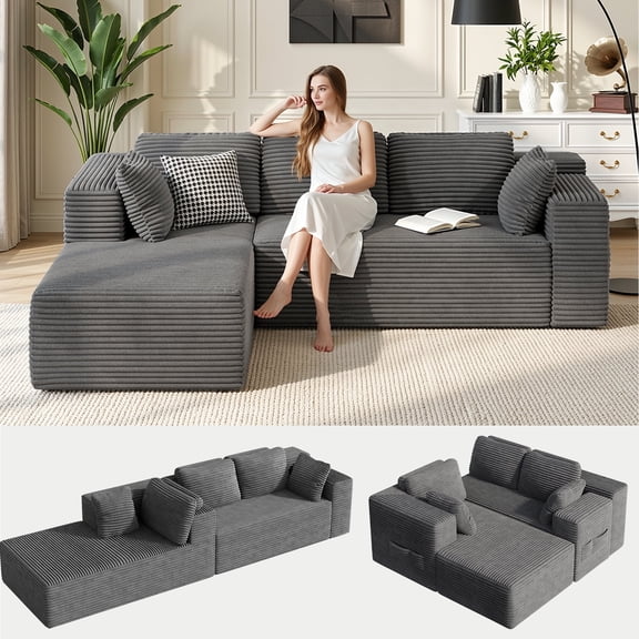 105" Boneles Modular Sectional Sofa,Memory Foam L-Shaped Cloud Corduroy Couch with Left Chaise,Deep Seat,No Assembly Required for Living Room,Dark Gray