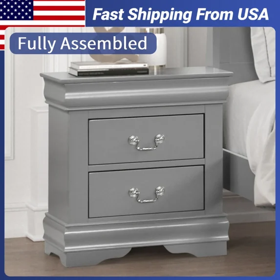 Fully Assembled Nightstand with 2 Drawers Solid Wood End Table Traditional Style Bedroom Funiture 1PC
