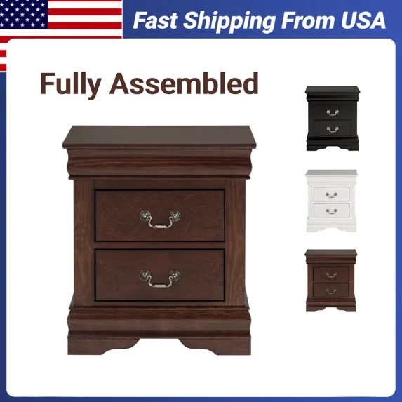 Fully Assembled Nightstand with 2 Drawers Solid Wood End Table Traditional Style Bedroom Funiture 1PC