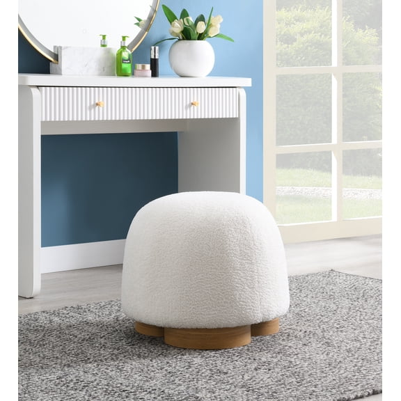 Fully Assembled Round Soft Teddy Fabric Upholstered Ottoman, Footstool with Soft Padded Seat, Fully Assembled Modern Sofa Couch Footrest, Extra Seating for Bedroom Entryway, White