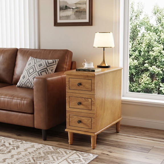 Fully Assembled Solid Wood Narrow End Table 3 Drawers Slim Nightstand Bedside Table For Small Spaces Living Room Bedroom Beige 1PCS