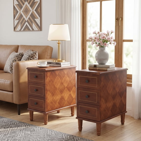 Fully Assembled Solid Wood Narrow End Table 3 Drawers Slim Nightstand Bedside Table For Small Spaces Living Room Bedroom Brown 2PCS