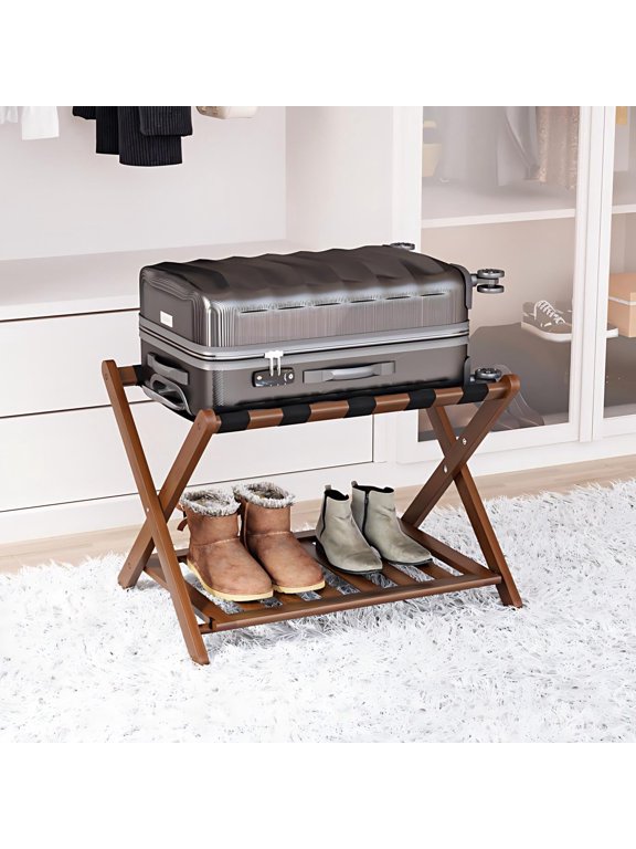 Fully Assembled White Bamboo Luggage Rack, 5 Straps Folding Suitcase Stand with Shoe Shelf, Heavy Duty Wood Large Luggage Holders for Guest Room, Bedroom, Hotel