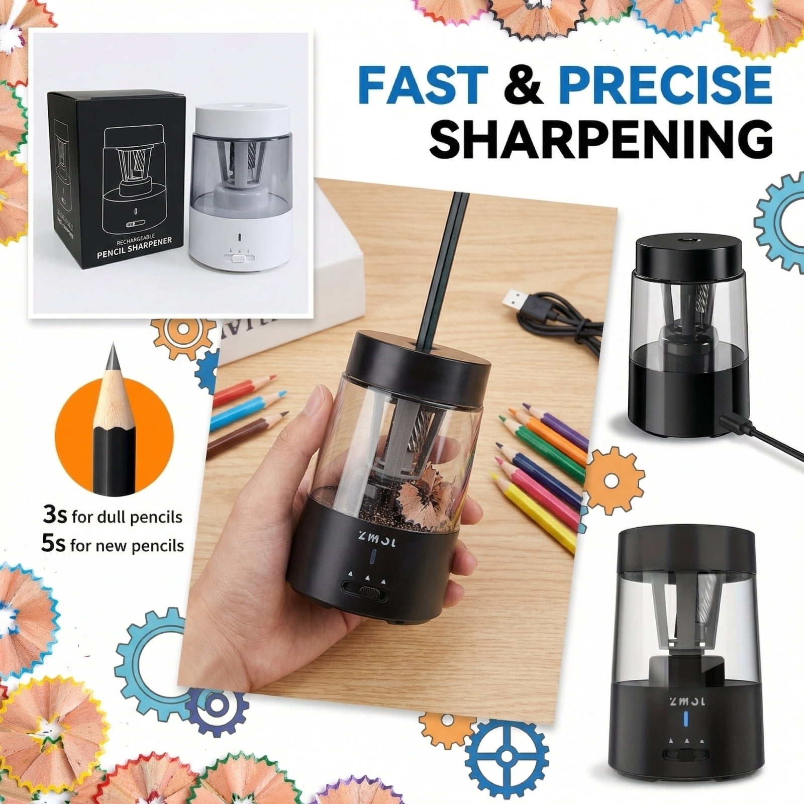 Fully Automatic Electric Pencil Sharpener, Type-C Rechargeable Auto In & Out Sharpener, Anti-Jam Heavy-Duty Blade for Standard & Colored Pencils, Ideal for Classroom Home Office