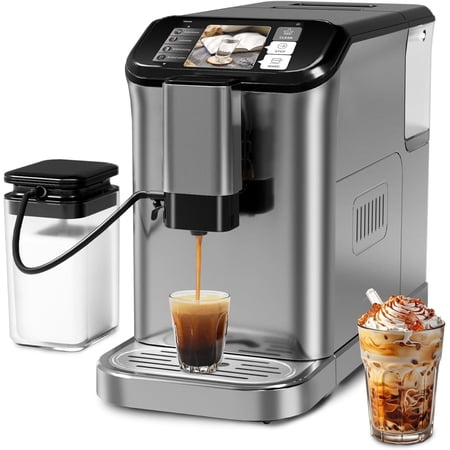 Fully Automatic Espresso Maker, 20-Bar Coffee Machine with Conical Burr Grinder, Touch Panel, and Milk Frother, Grey