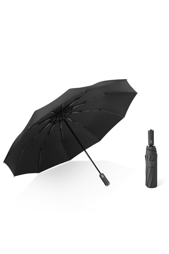Fully Automatic Folding Umbrella, 10 Rib Windproof Sun and Rain Umbrella with Black Glue Canopy, One Button Auto Open Close, UV Protection Travel Parasol for Commuting