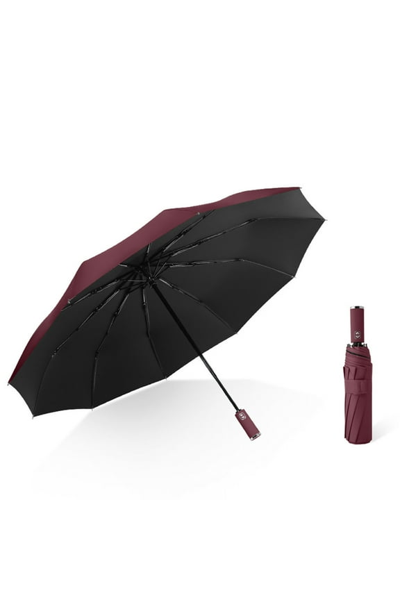 Fully Automatic Folding Umbrella, 10 Rib Windproof Sun and Rain Umbrella with Black Glue Canopy, One Button Auto Open Close, UV Protection Travel Parasol for Commuting