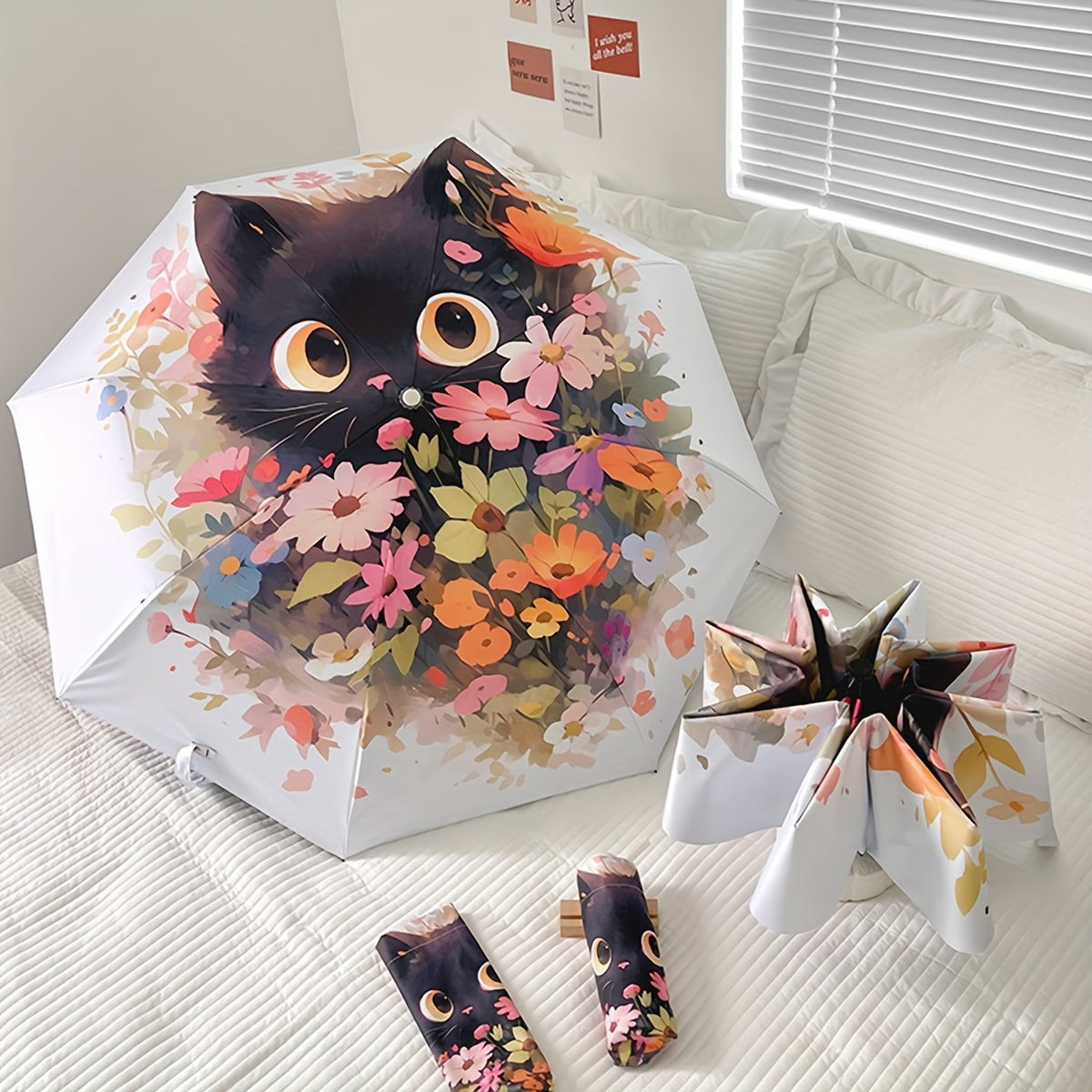 Fully Automatic Open and Close Folding Umbrella with Cute Flower and Cat Patterns, Sun Protection, Rain Protection, UV Protection, Multifunctional Travel Umbrella 1pc